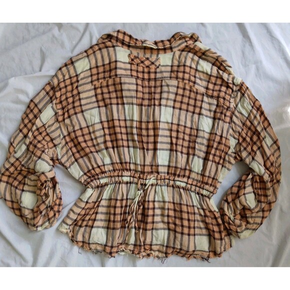 We The Free Pacific Dawn Peach Brown Plaid Button Down Top Boho Women's Shirt L - Picture 9 of 12